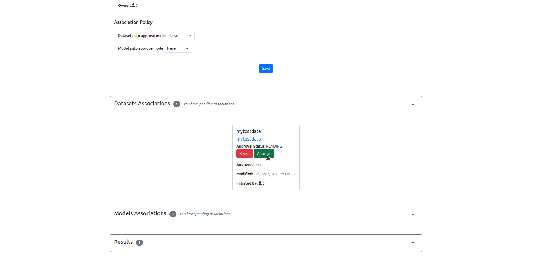Benchmark Owner Approve Dataset Association