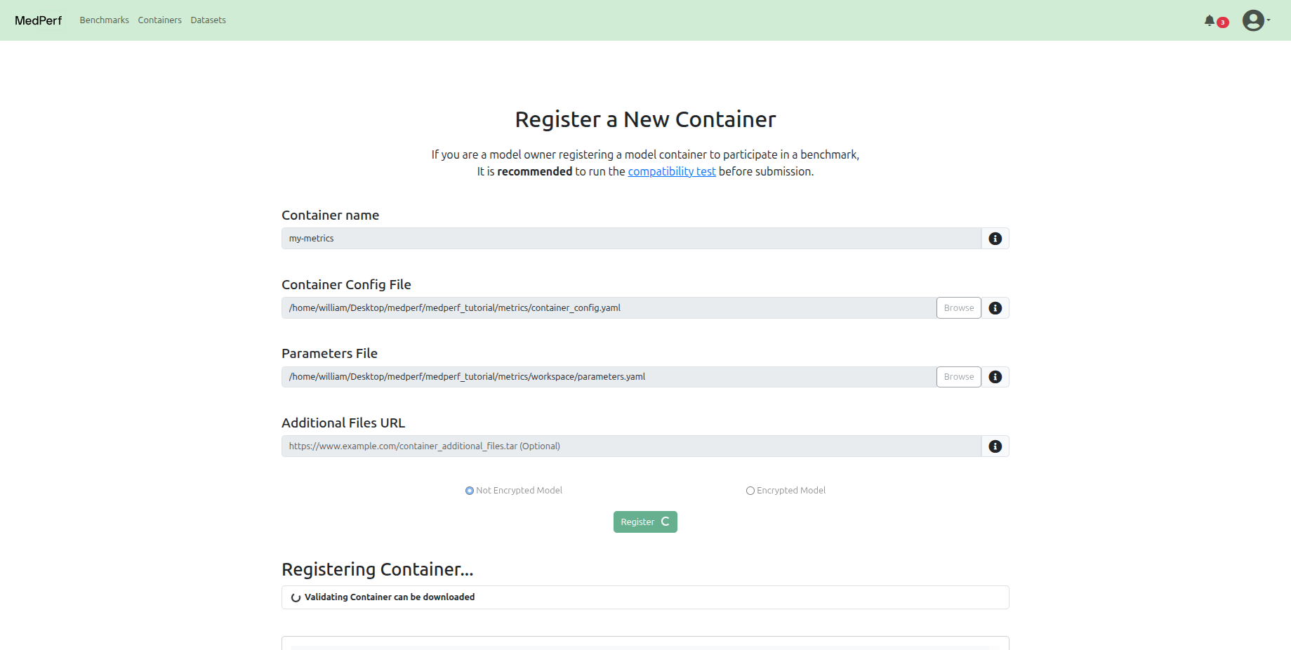 Benchmark Owner Registers Metrics Container