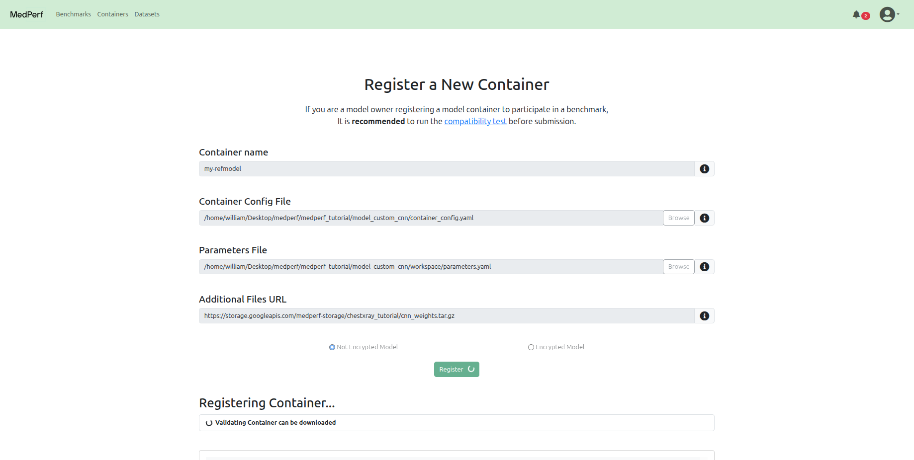 Benchmark Owner Registers Reference Model Container